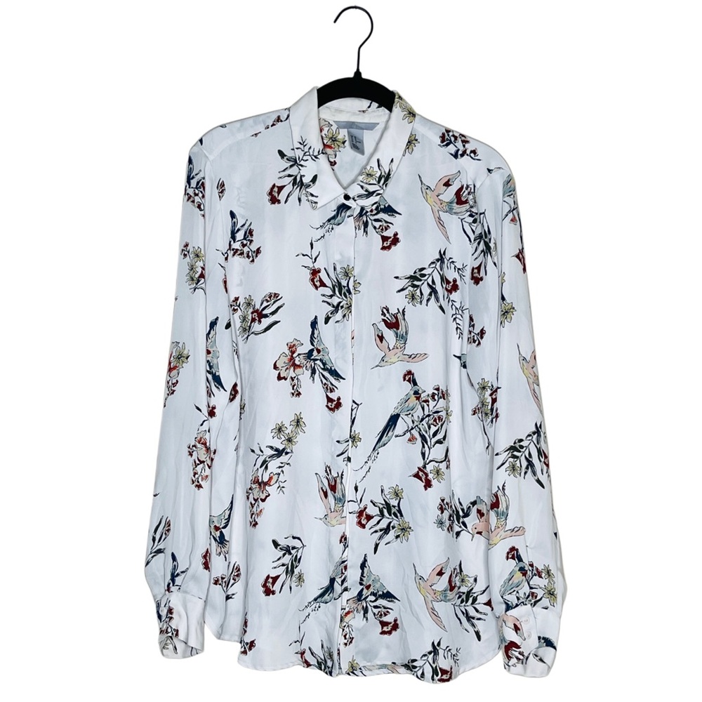 H & M Long Sleeve Blouse Button Front Top Collared Shirt Bird & Floral Print